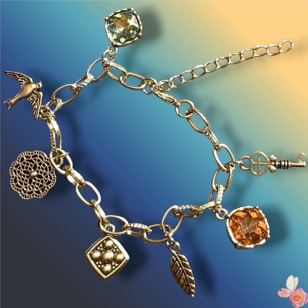 Bird Filigree Key Charm Bracelet Crystal Link Mixed Metal 242